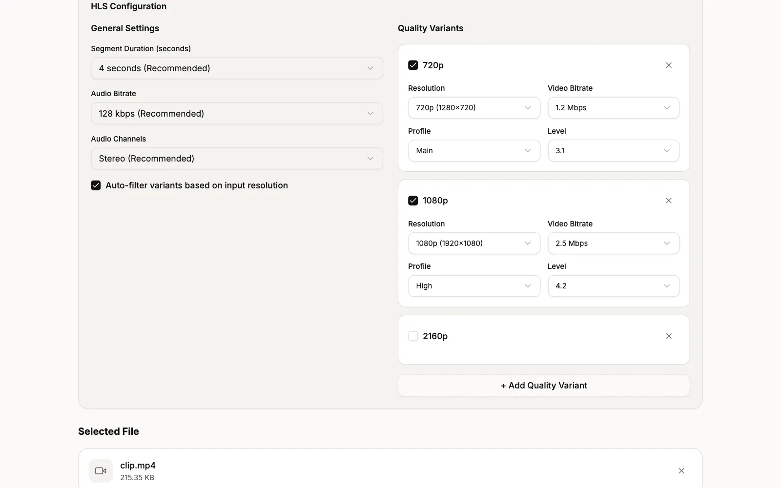The HLS Configuration panel: General Settings with Segment Duration set to 4 seconds (Recommended), Audio Bitrate and Audio Channels, the Auto-filter variants based on input resolution checkbox, and the 720p and 1080p cards, both ticked, under Quality Variants