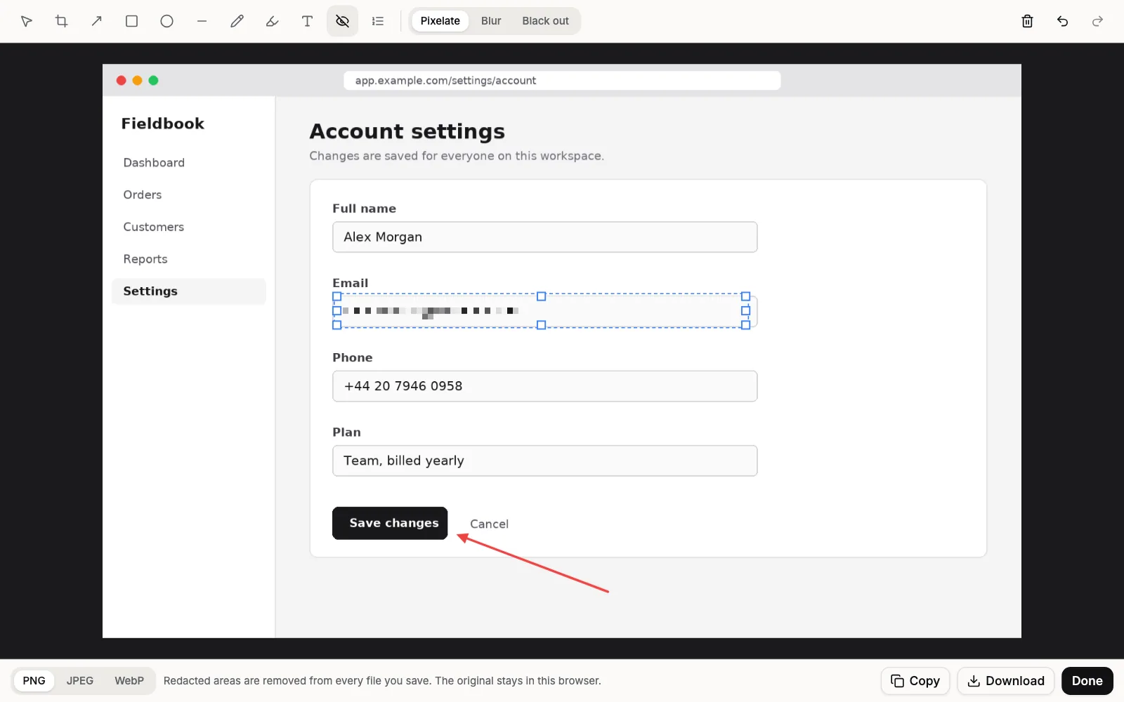 The Edit screenshot editor over a screenshot of an Account settings page: the email field is pixelated by a redaction, a red arrow points at the Save changes button, and the toolbar shows the Redact tool with Pixelate, Blur and Black out, above Copy, Download and Done