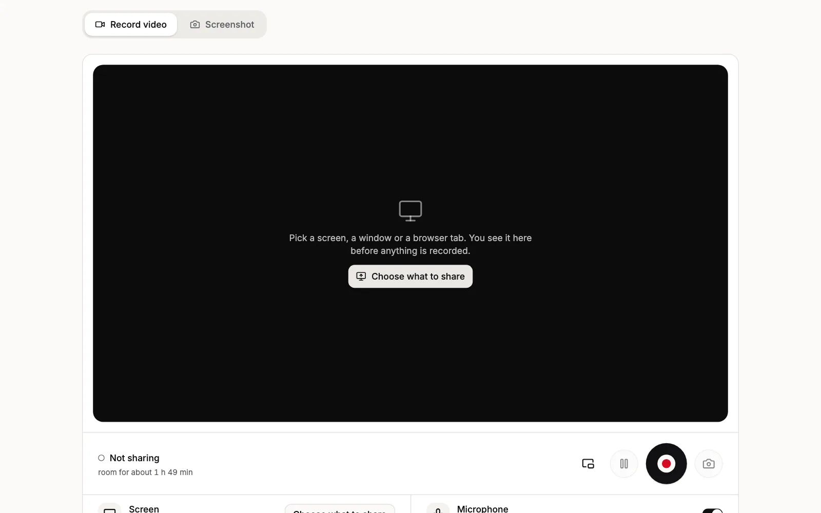 The Screen Recorder on Record video with nothing shared yet: a dark preview reading Pick a screen, a window or a browser tab, with a Choose what to share button, then the Not sharing status with the room left for recording, the Record button between Pause and Screenshot, and the Screen and Microphone rows starting below