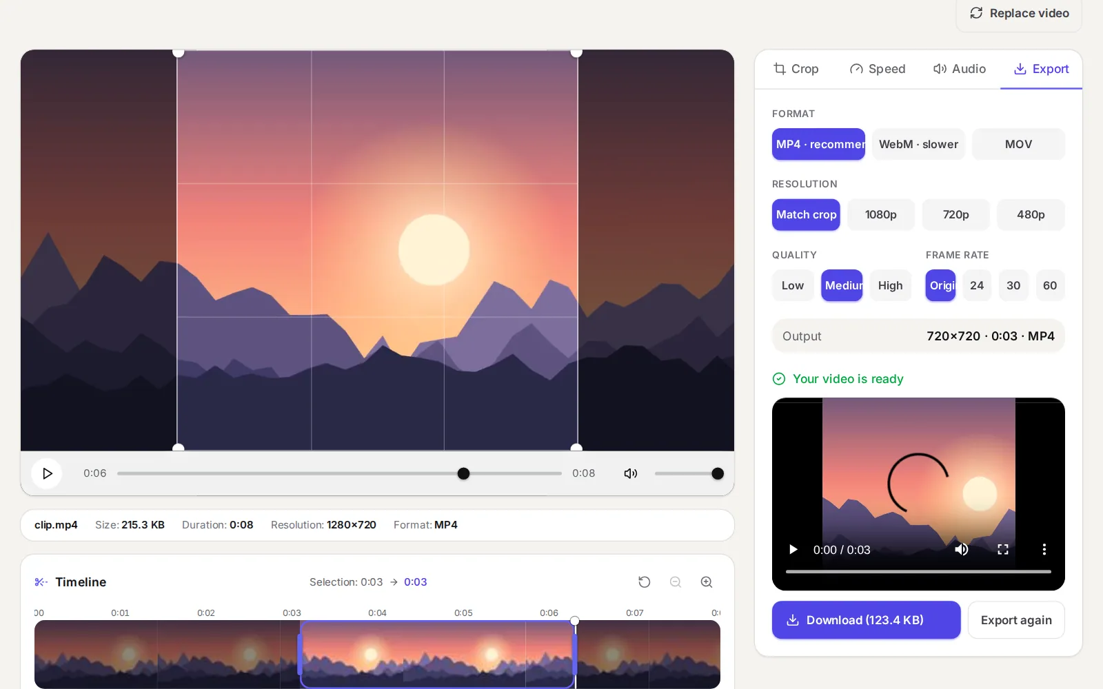 The Export panel after a render: MP4 · recommended, Match crop, Medium and the original frame rate selected (their labels cut off by the narrow buttons), the Output line 720×720 · 0:03 · MP4, Your video is ready, a preview player and a Download button with the file size
