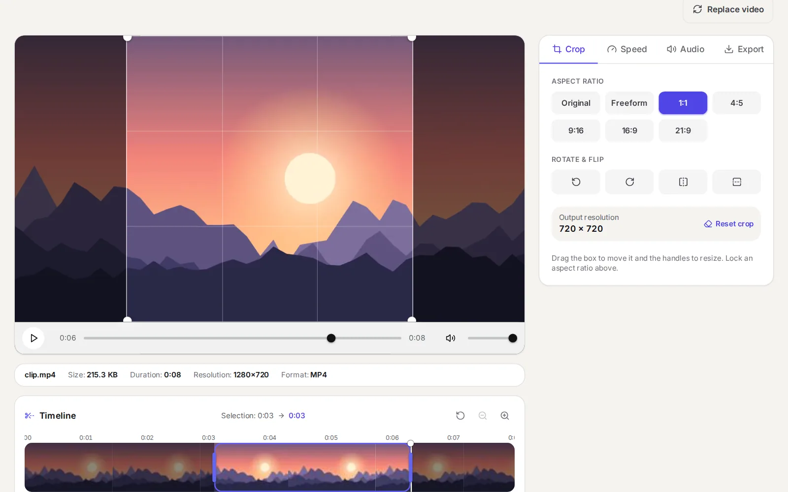 The Browser Video Crop & Time Stretch editor with clip.mp4 loaded: a square 1:1 crop box over the video, the file size, duration 0:08 and resolution 1280×720 below it, and the Timeline filmstrip with the trim handles pulled in to a three-second selection