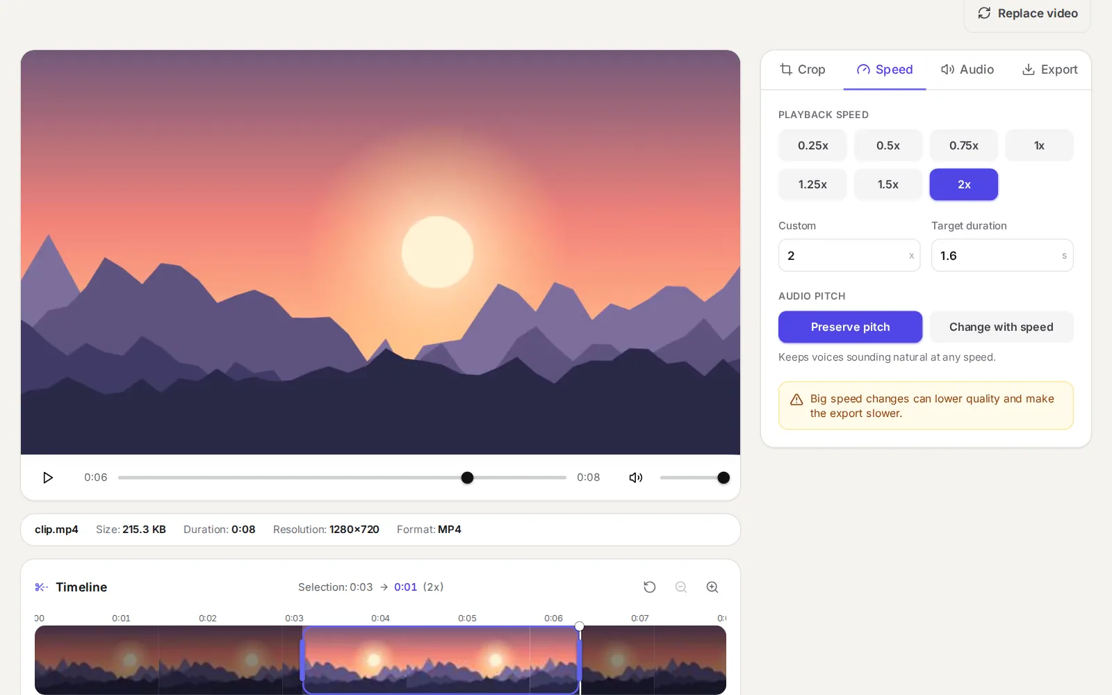 The Speed panel with 2x selected under Playback speed, the Custom and Target duration fields, and Preserve pitch selected under Audio pitch, while the Timeline header shows the selection and the shorter length it will export at